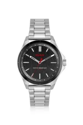 Reloj de esfera negra con pulsera de eslabones de acero inoxidable