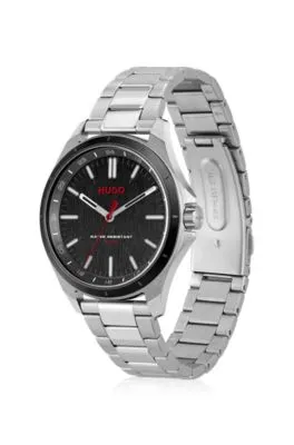Reloj de esfera negra con pulsera de eslabones de acero inoxidable