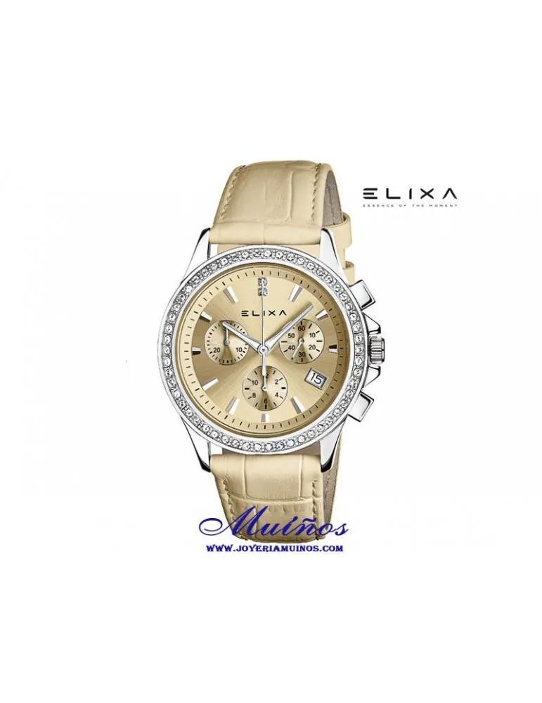 Reloj Elixa Enjoy mujer crono con correa de piel y circonitas.