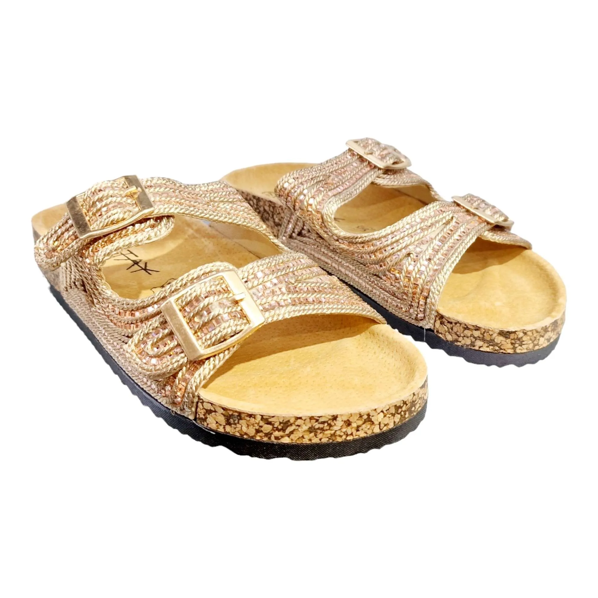 SANDALIA MUJER DOBLE HEBILLA BIO CRISTALES DORADA dorado