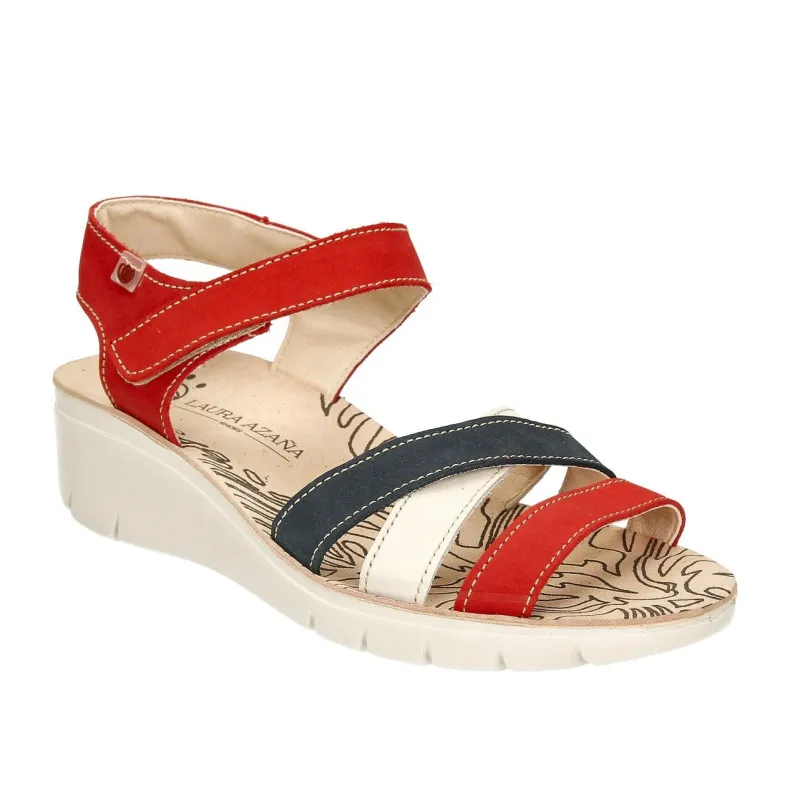 Sandalias de cuña de piel con tiras cruzadas en color rojo, azul y blanco