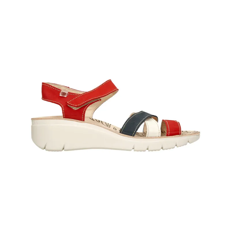 Sandalias de cuña de piel con tiras cruzadas en color rojo, azul y blanco
