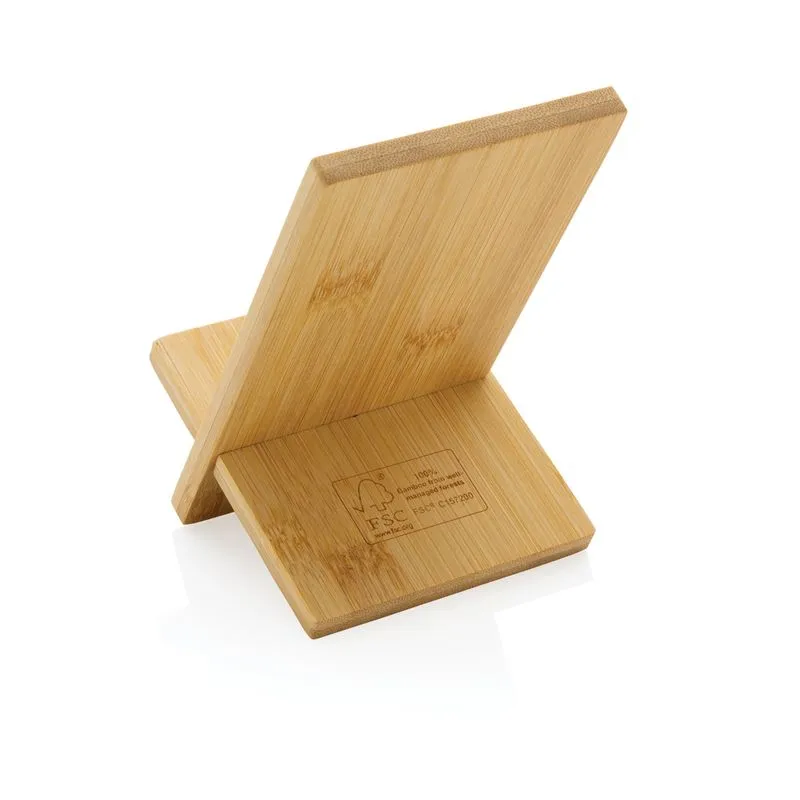 Soporte para teléfono de bambú FSC® en caja kraft FSC®