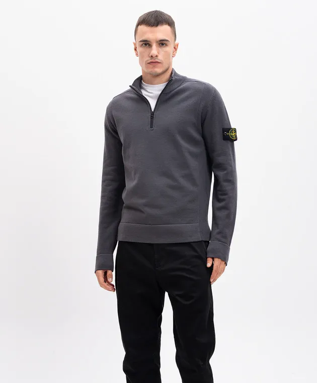 Stone Island Gray wool jumper with logo patch