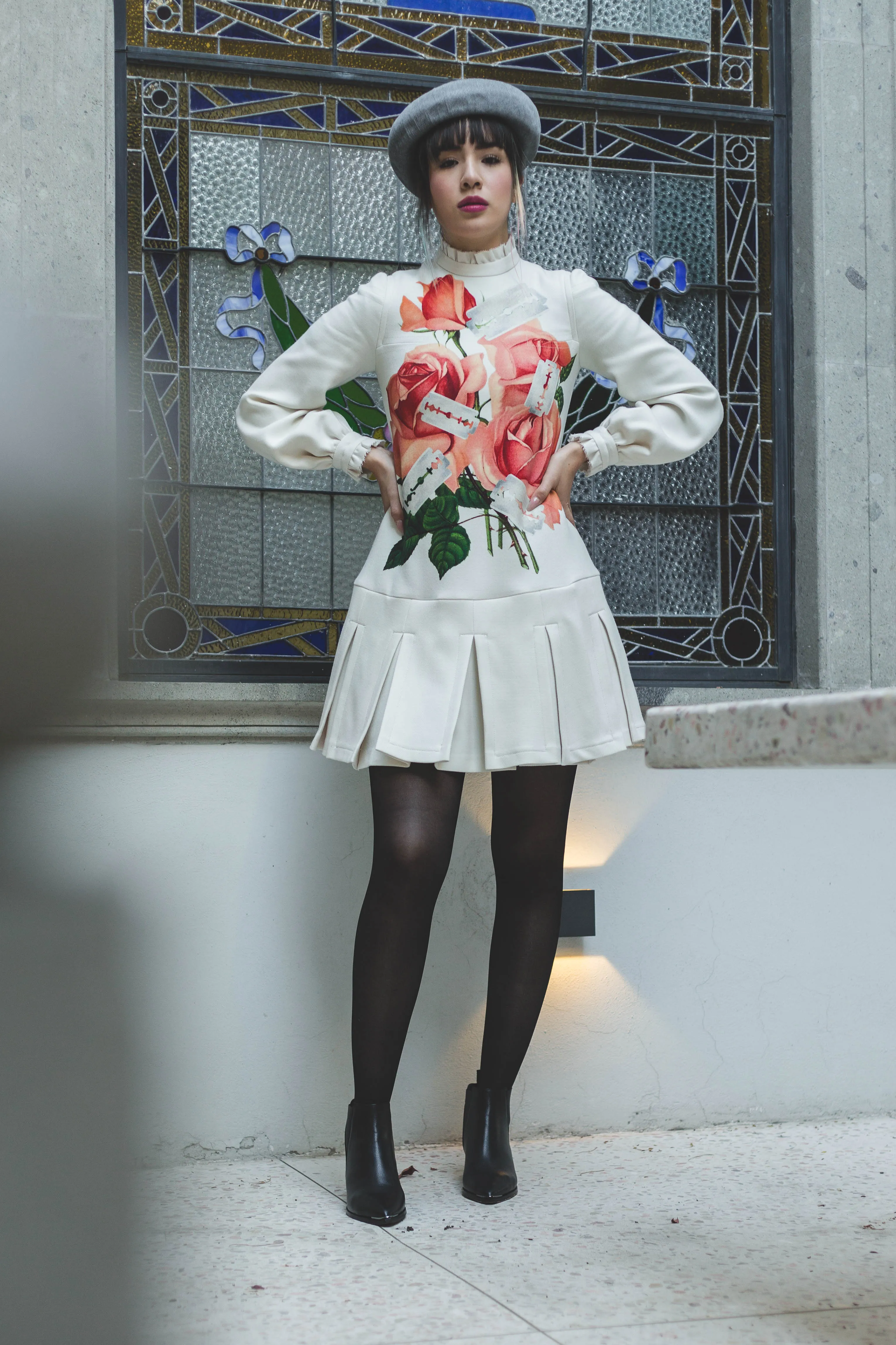 UNDERCOVER IVORY ROSE AND RAZORPRINT FLARED DRESS