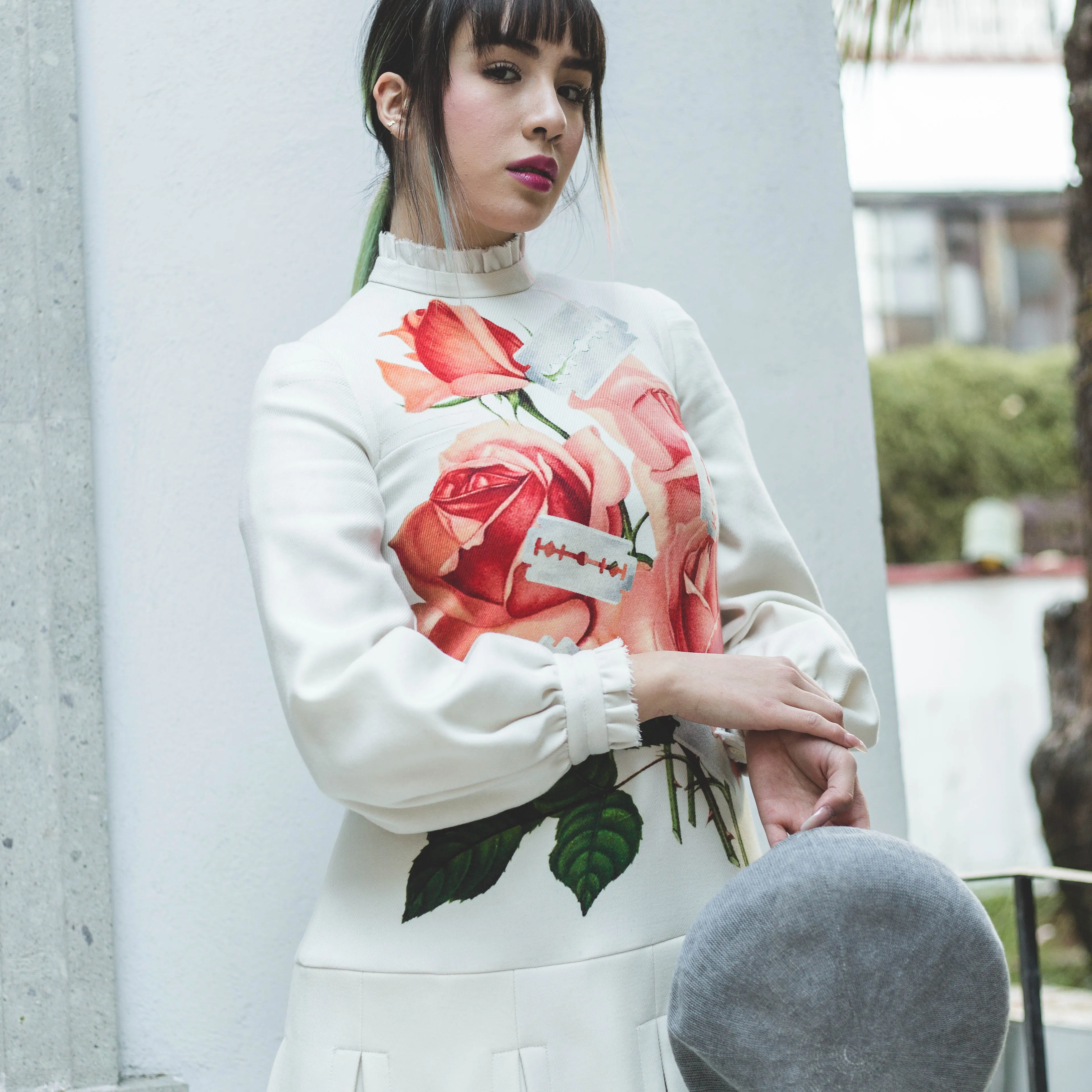 UNDERCOVER IVORY ROSE AND RAZORPRINT FLARED DRESS