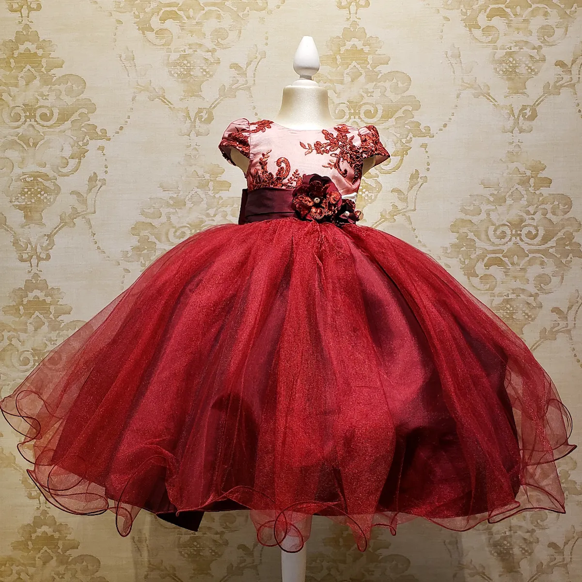 Vestido de Niña Fiesta Vino con Blanco Encaje Elegante Talla 2 a 8 años