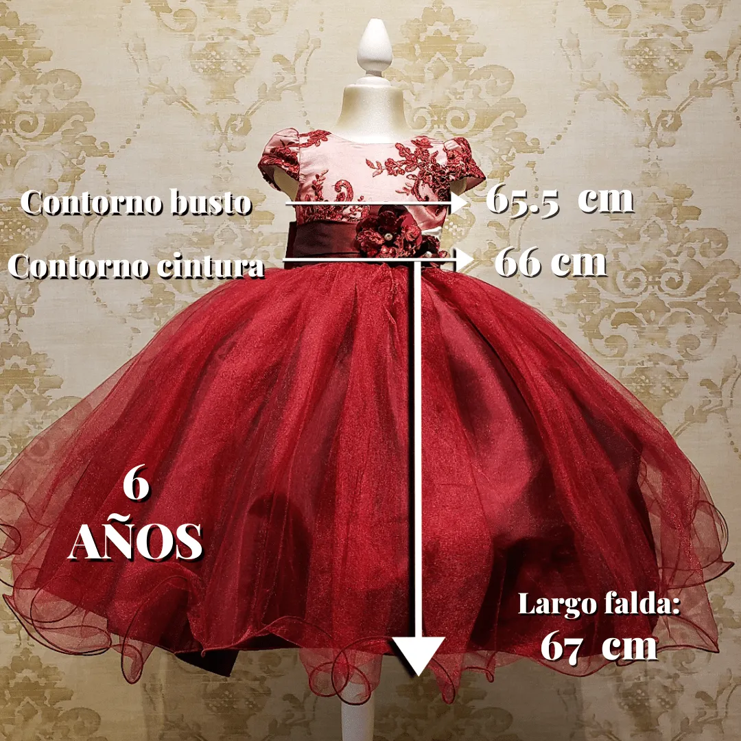 Vestido de Niña Fiesta Vino con Blanco Encaje Elegante Talla 2 a 8 años