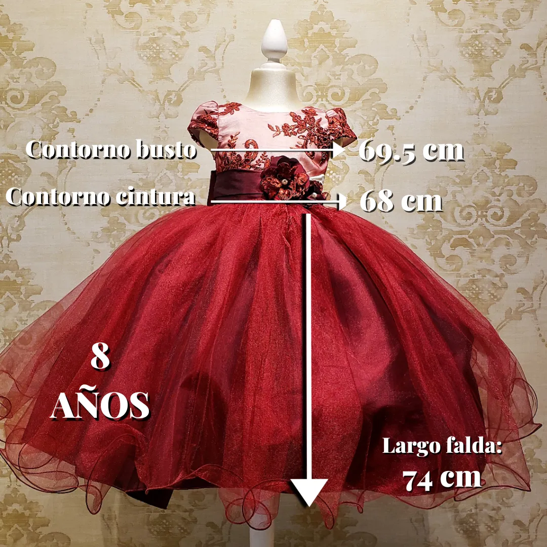 Vestido de Niña Fiesta Vino con Blanco Encaje Elegante Talla 2 a 8 años