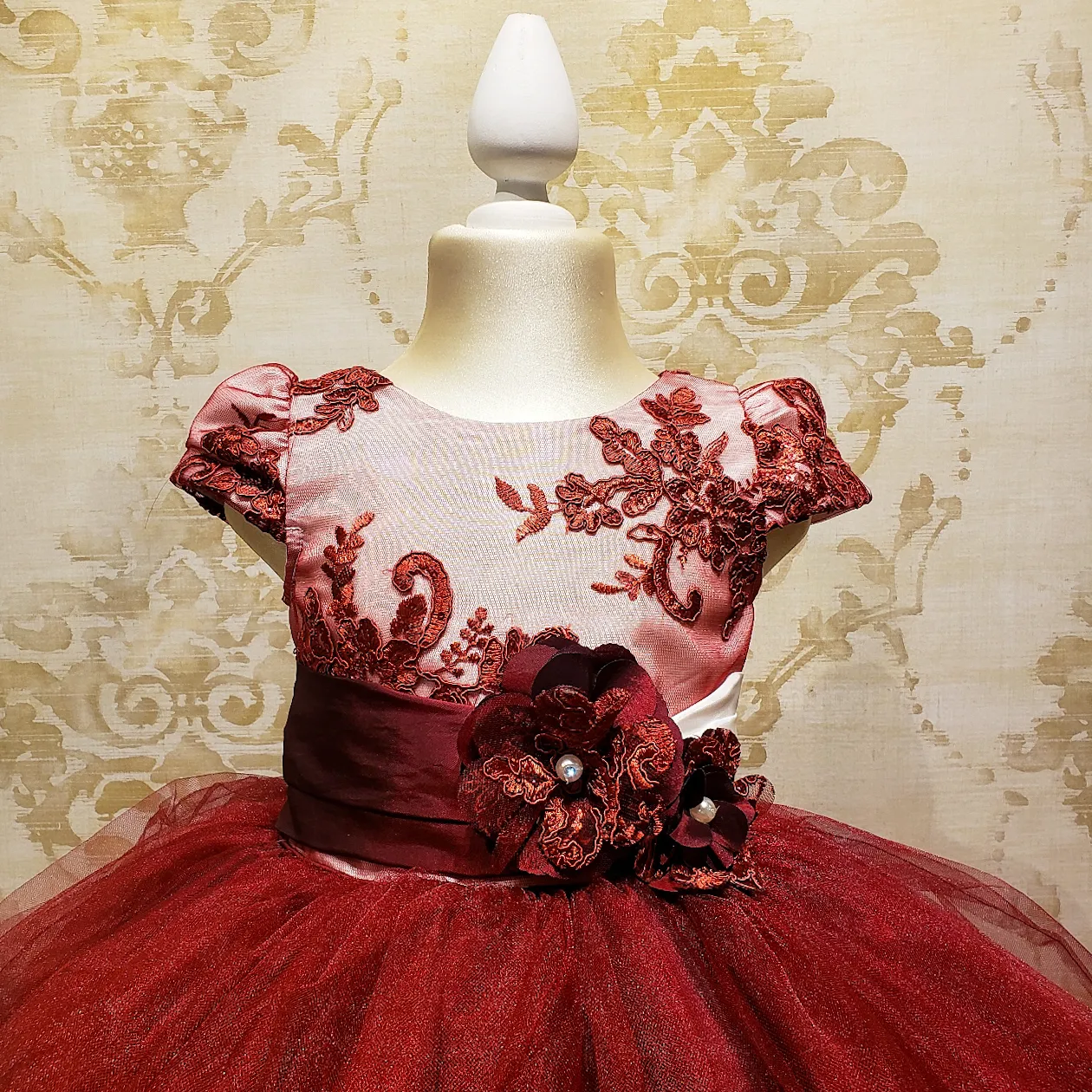 Vestido de Niña Fiesta Vino con Blanco Encaje Elegante Talla 2 a 8 años