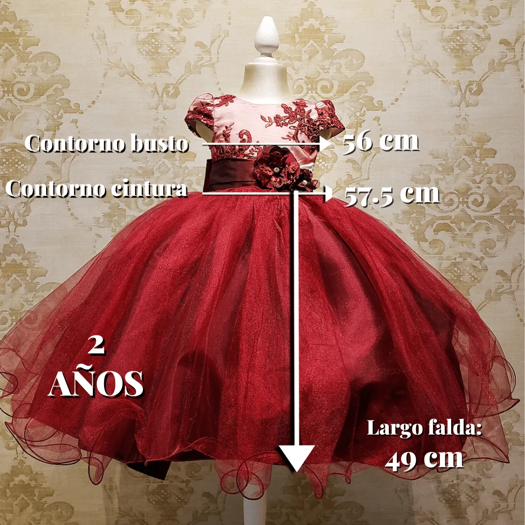 Vestido de Niña Fiesta Vino con Blanco Encaje Elegante Talla 2 a 8 años