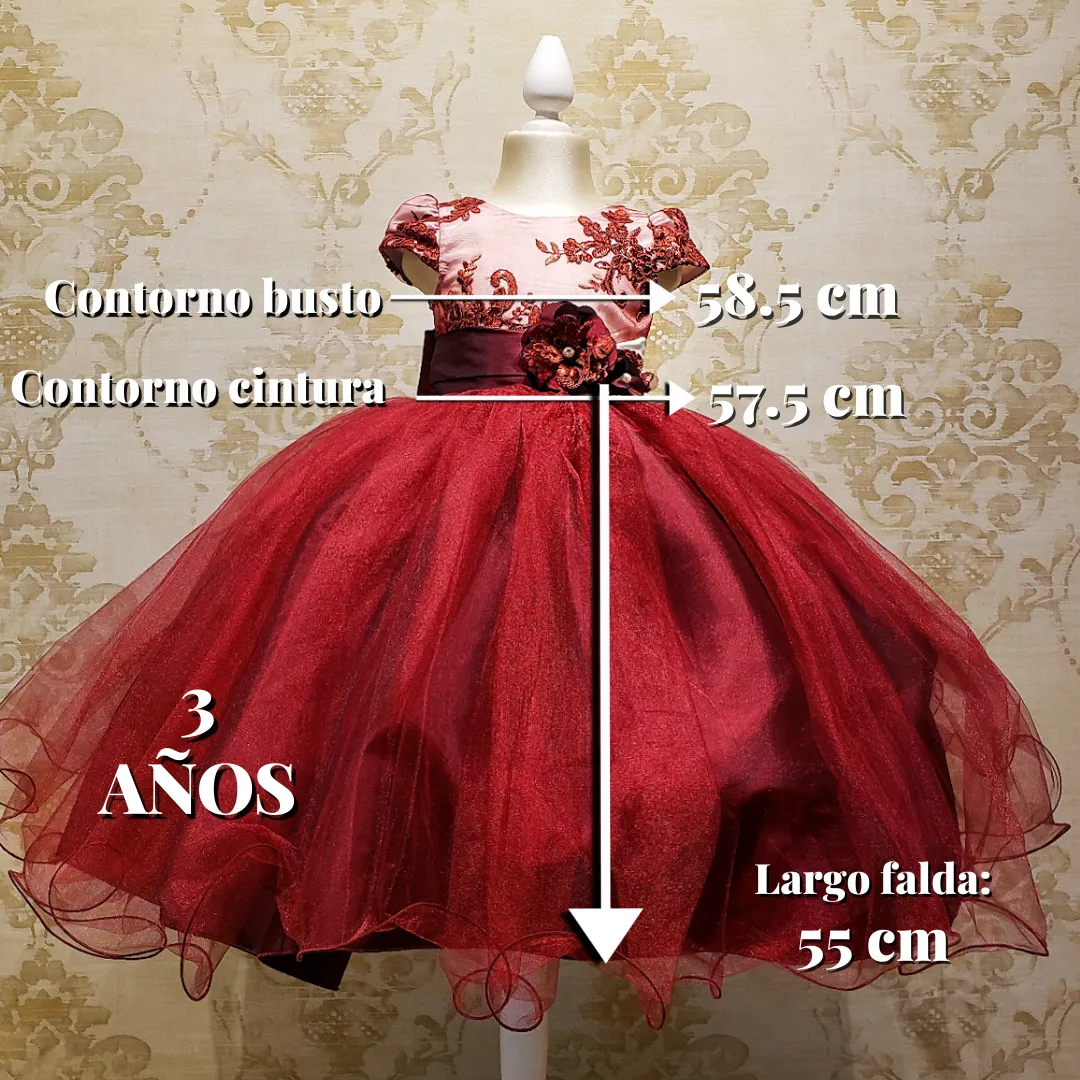 Vestido de Niña Fiesta Vino con Blanco Encaje Elegante Talla 2 a 8 años