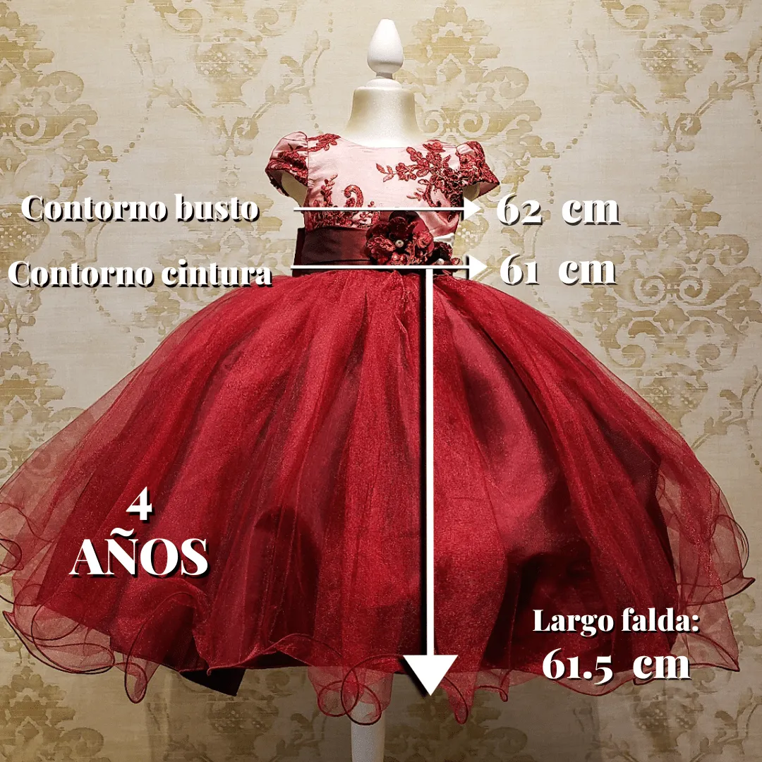 Vestido de Niña Fiesta Vino con Blanco Encaje Elegante Talla 2 a 8 años