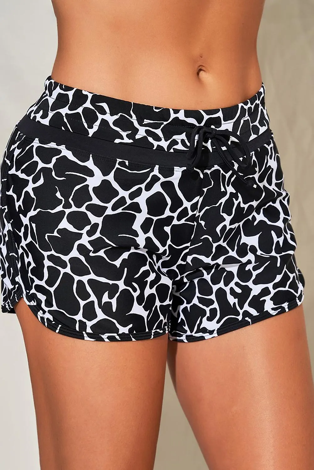 Women's Black Patter Print Drawstring High Waist Swimming Shorts