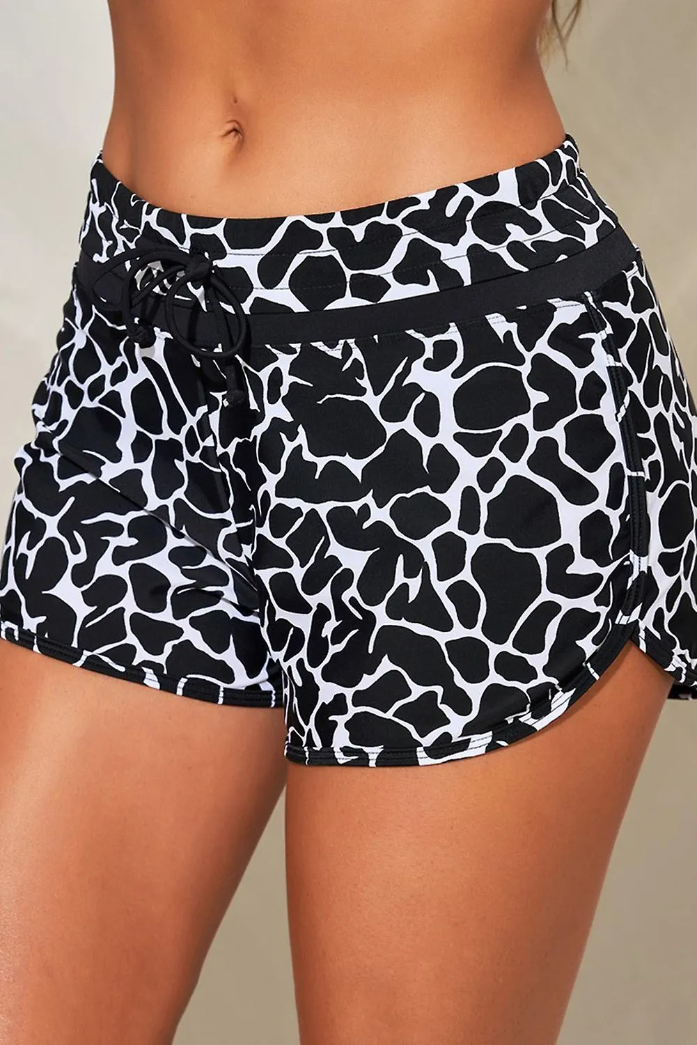 Women's Black Patter Print Drawstring High Waist Swimming Shorts