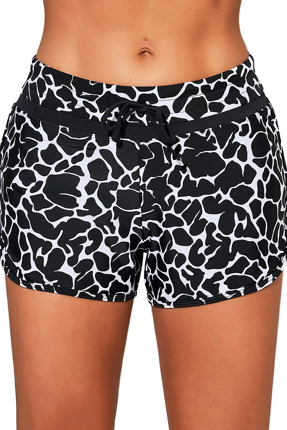 Women's Black Patter Print Drawstring High Waist Swimming Shorts