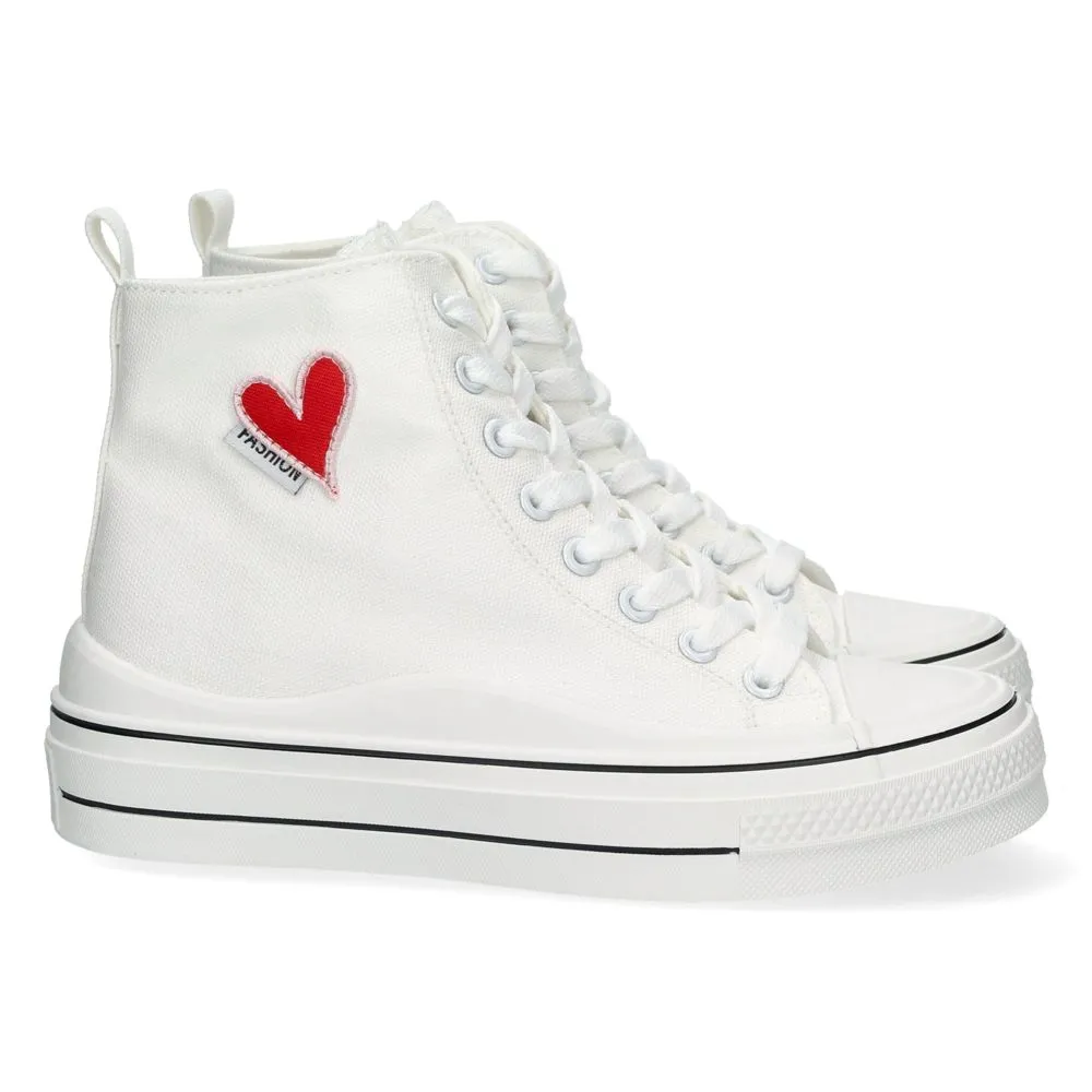 Zapatilla estilo Tenis Blanca Abotinada para Mujer Cómoda Detalle de Corazón Bordado Material de Lon