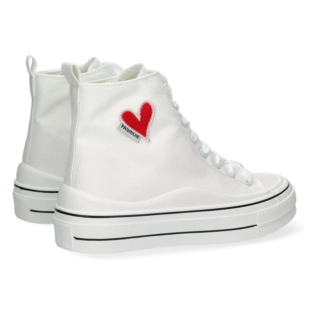 Zapatilla estilo Tenis Blanca Abotinada para Mujer Cómoda Detalle de Corazón Bordado Material de Lon