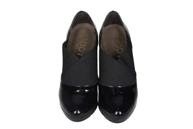 Zapato Charol Negro Abotinado Elastico Cruzado Empeine